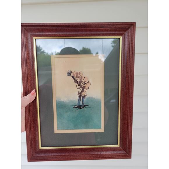 Framed D. Nichols Watercolor Painting/Print, Golfer Putting Matted Framed Decor - Picture 1 of 4